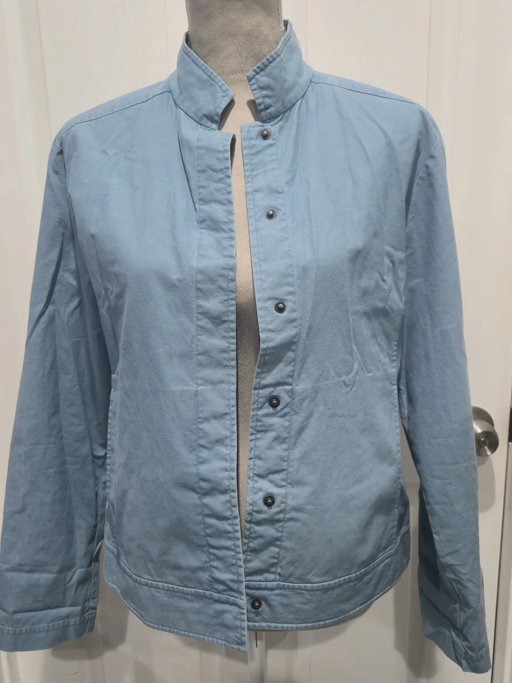 Eileen Fisher 100% Cotton Light Blue Teal Jacket Stand Collar Button Front S